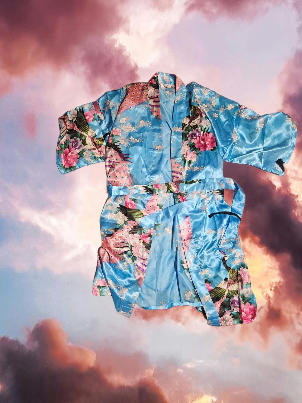 Source Unknown Blue Satin Floral Kimono Robe with Pink Accents